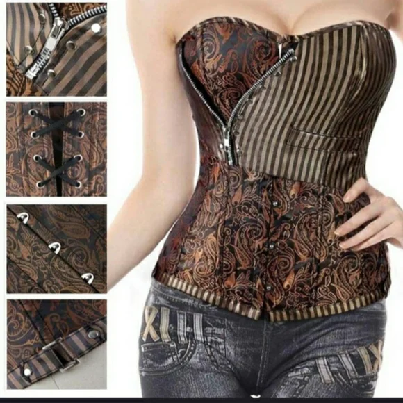 Steampunk Retro Brocade Victorian striped Corset Golden Brown - Picture 10 of 16